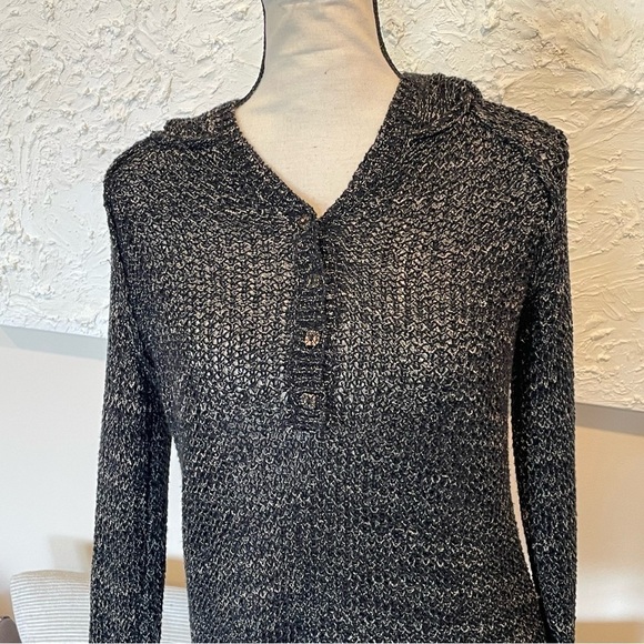 Free People Henley Sweater Pullover Open Knit Hoodie Black Beige Cotton Size S - Picture 2 of 8
